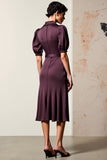 Robe Midi Rouge Foncé Satin Fourreau Avec Col