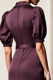 Robe Midi Rouge Foncé Satin Fourreau Avec Col