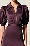 Robe Midi Rouge Foncé Satin Fourreau Avec Col