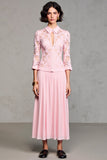 Robe Longue Rose Dentelle Trapèze Avec Col