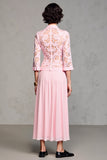 Robe Longue Rose Dentelle Trapèze Avec Col