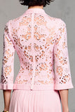Robe Longue Rose Dentelle Trapèze Avec Col