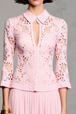 Robe Longue Rose Dentelle Trapèze Avec Col