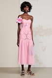 Robe Midi Rose Tulle Floral Trapèze Col Cœur