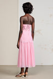Robe Midi Rose Tulle Floral Trapèze Col Cœur