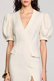 Robe Midi Abricot Satin Fourreau Col V