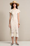 Robe Midi Abricot Dentelle Fourreau Ras de Cou