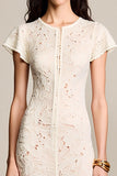 Robe Midi Abricot Dentelle Fourreau Ras de Cou