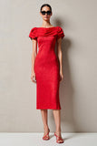 Robe Midi Rouge Dentelle Fourreau Col Bateau