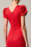Robe Midi Rouge Dentelle Fourreau Col Bateau