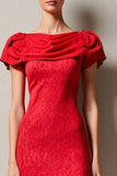 Robe Midi Rouge Dentelle Fourreau Col Bateau