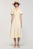 Robe Midi Abricot Satin Trapèze Revers Cranté