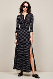 Robe Longue Noir Satin Trapèze Ras De Cou