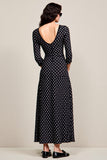 Robe Longue Noir Satin Trapèze Ras De Cou