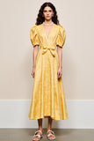 Robe Longue Jaune Floral Satin Trapèze Col V
