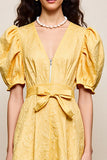 Robe Longue Jaune Floral Satin Trapèze Col V