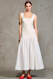 Robe Longue Blanc Dentelle Dos Nu Trapèze Col Carré