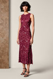 Robe Midi Rouge Dentelle Fourreau Col Bijou