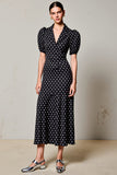 Robe Midi Noir Satin À Pois Trapèze Col V