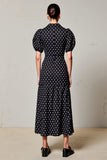 Robe Midi Noir Satin À Pois Trapèze Col V