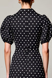 Robe Midi Noir Satin À Pois Trapèze Col V