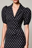 Robe Midi Noir Satin À Pois Trapèze Col V