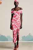 Robe Longue Rouge Satin Fourreau Épaule Dénudée