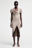 Robe Midi Gris Satin Fourreau Fendue