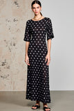 Robe Longue Noir Trapèze À Pois Ras De Cou