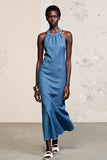 Robe Longue Bleu Fourreau Licou Dos Nu