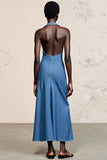 Robe Longue Bleu Fourreau Licou Dos Nu