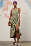 Robe Midi Vert Satin Fendue Trapèze Col V