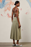 Robe Midi Vert Satin Fendue Trapèze Col V