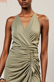 Robe Midi Vert Satin Fendue Trapèze Col V