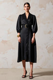 Robe Midi Noir Trapèze Satin Col V