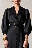 Robe Midi Noir Trapèze Satin Col V