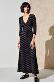Robe Longue Noir Trapèze Satin Col V À Pois