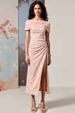 Robe Longue Rose Fourreau Fendue Col Bateau