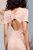 Robe Longue Rose Fourreau Fendue Col Bateau