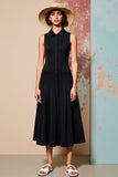 Robe Midi Noir Satin Trapèze Avec Col