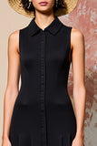 Robe Midi Noir Satin Trapèze Avec Col