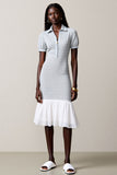 Robe Midi Bleu Poussiéreux Trapèze Avec Col