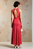 Robe Longue Rouge Satin Fourreau Col Bijou