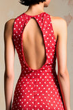 Robe Longue Rouge Satin Fourreau Col Bijou