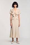 Robe Longue Abricot Satin Fourreau Revers Cranté