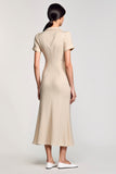 Robe Longue Abricot Satin Fourreau Revers Cranté