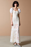 Robe Longue Blanc Dentelle Fourreau Col Carré