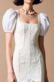 Robe Longue Blanc Dentelle Fourreau Col Carré