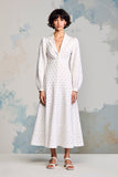 Robe Longue Blanc Satin Trapèze Revers Cranté