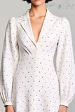 Robe Longue Blanc Satin Trapèze Revers Cranté
